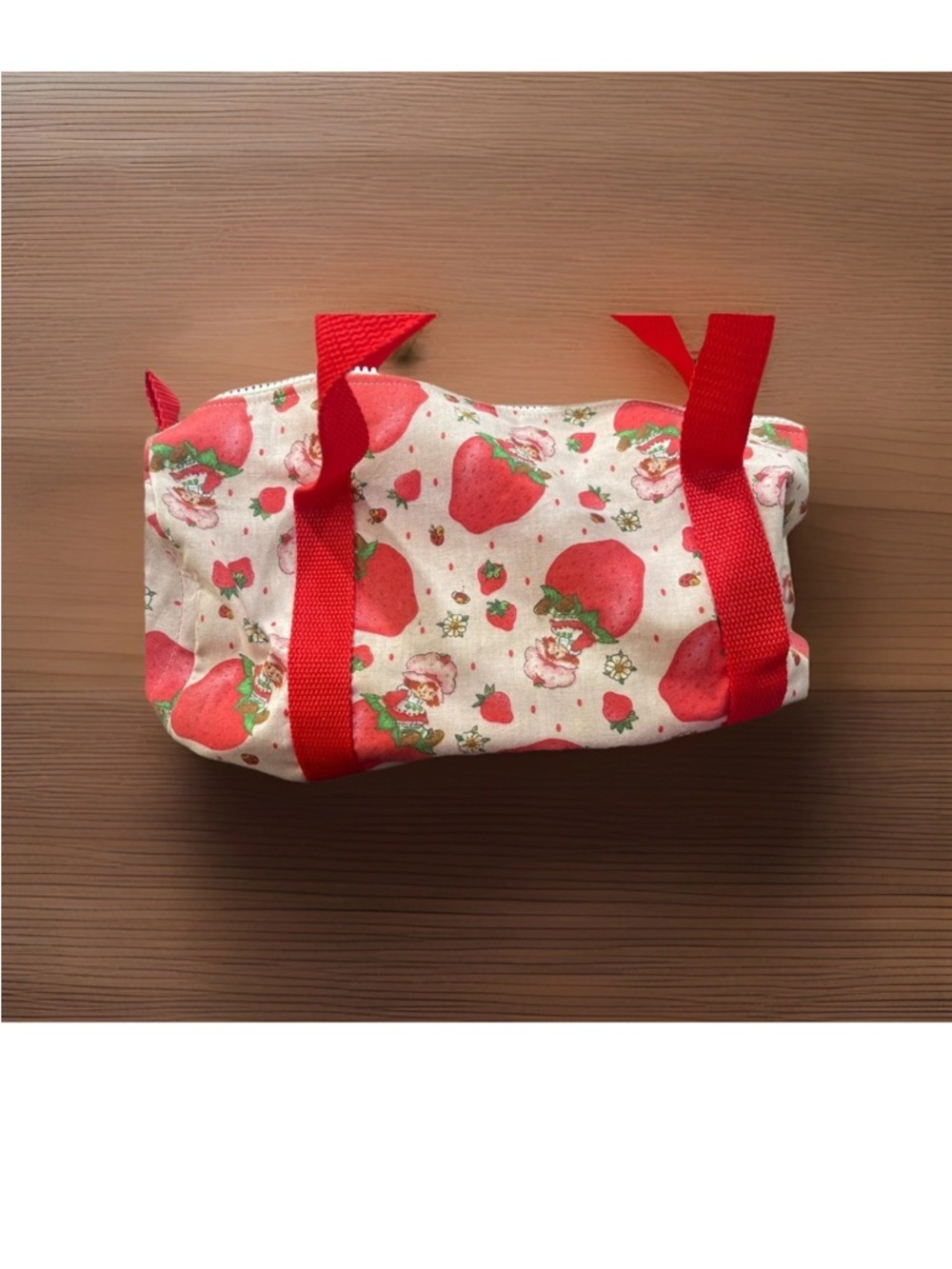 Strawberry Print Canvas Tote with Red Handles